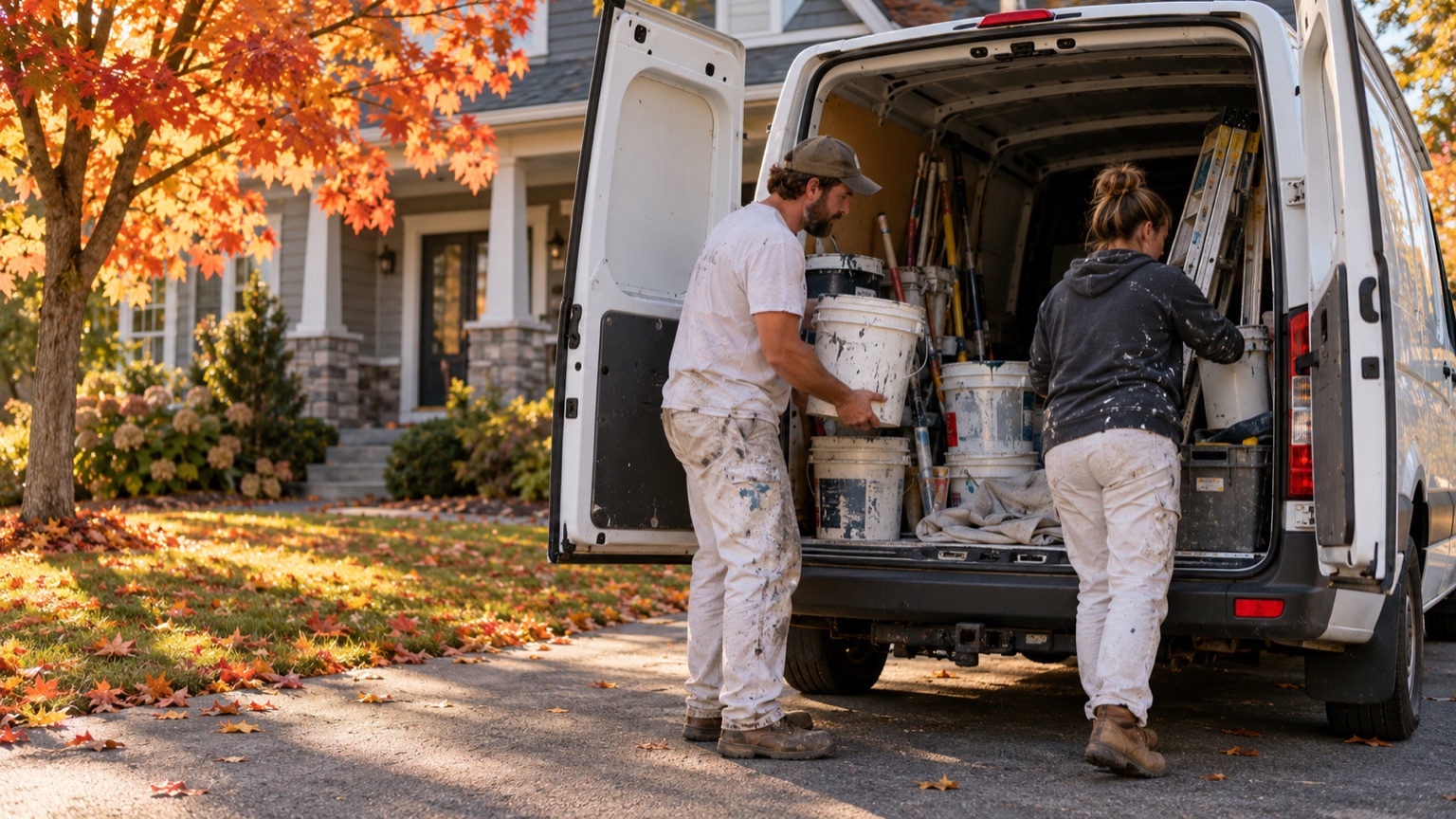 A two-person painting crew loading their van outside a suburban home in autumn